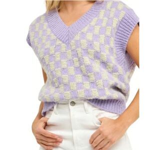 English Factory Checker Knit Sweater Vest Womens Medium Purple White V Neck